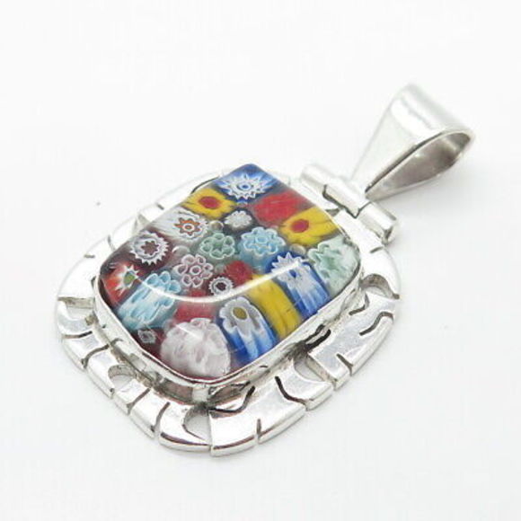 950 Silver Vintage Multi-Color Glass Floral Pendant - Picture 5 of 8
